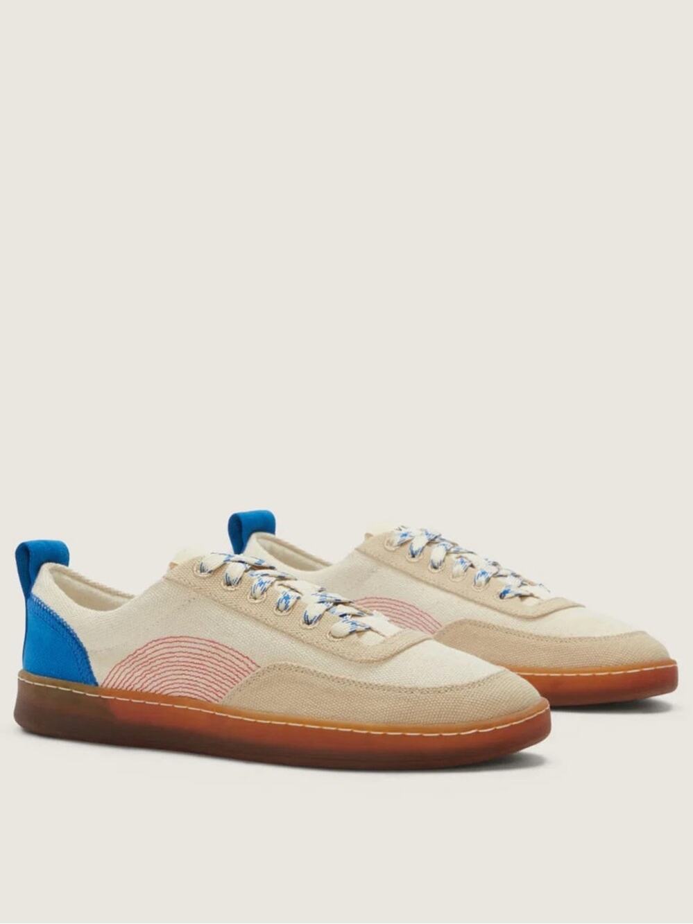 Everlane Tread-Bare Tan Canvas Sneaker Blue Red Gum Sole Size 10 NWOB New